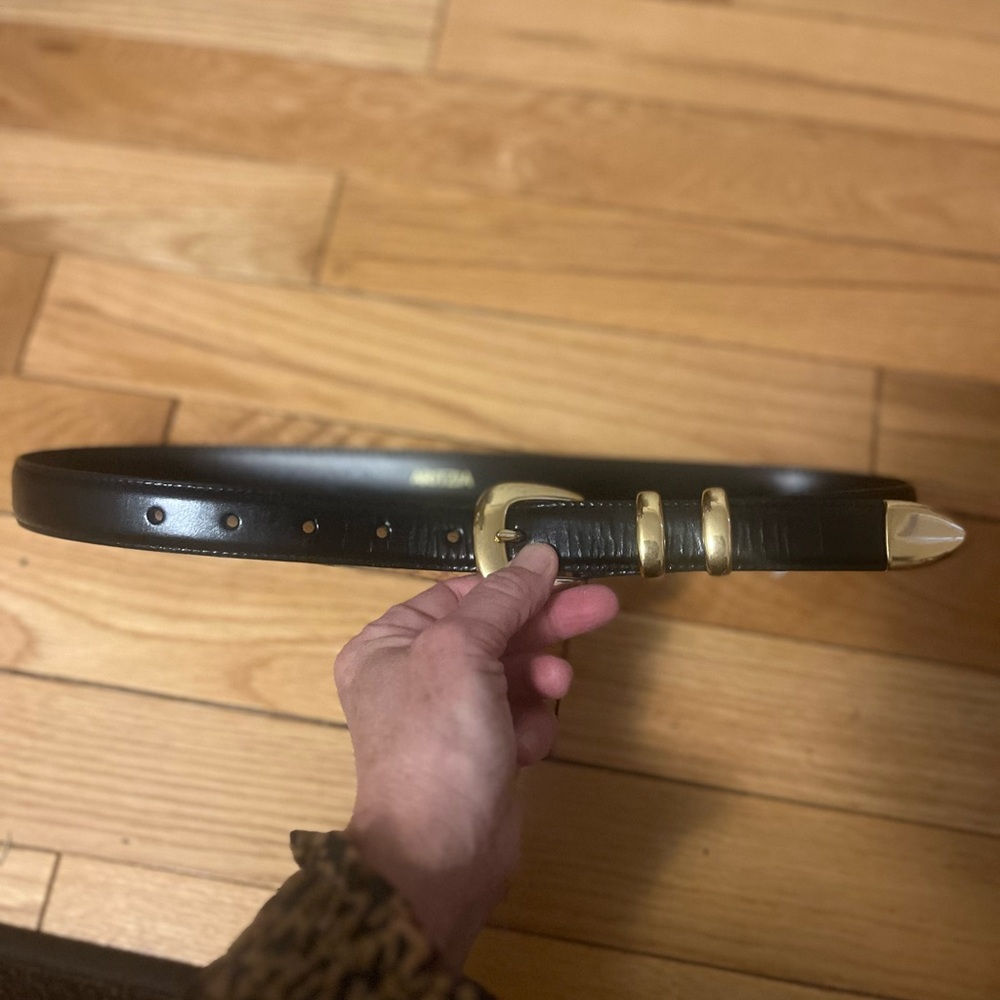Aritzia Black Leather Belt with Gold Buckle